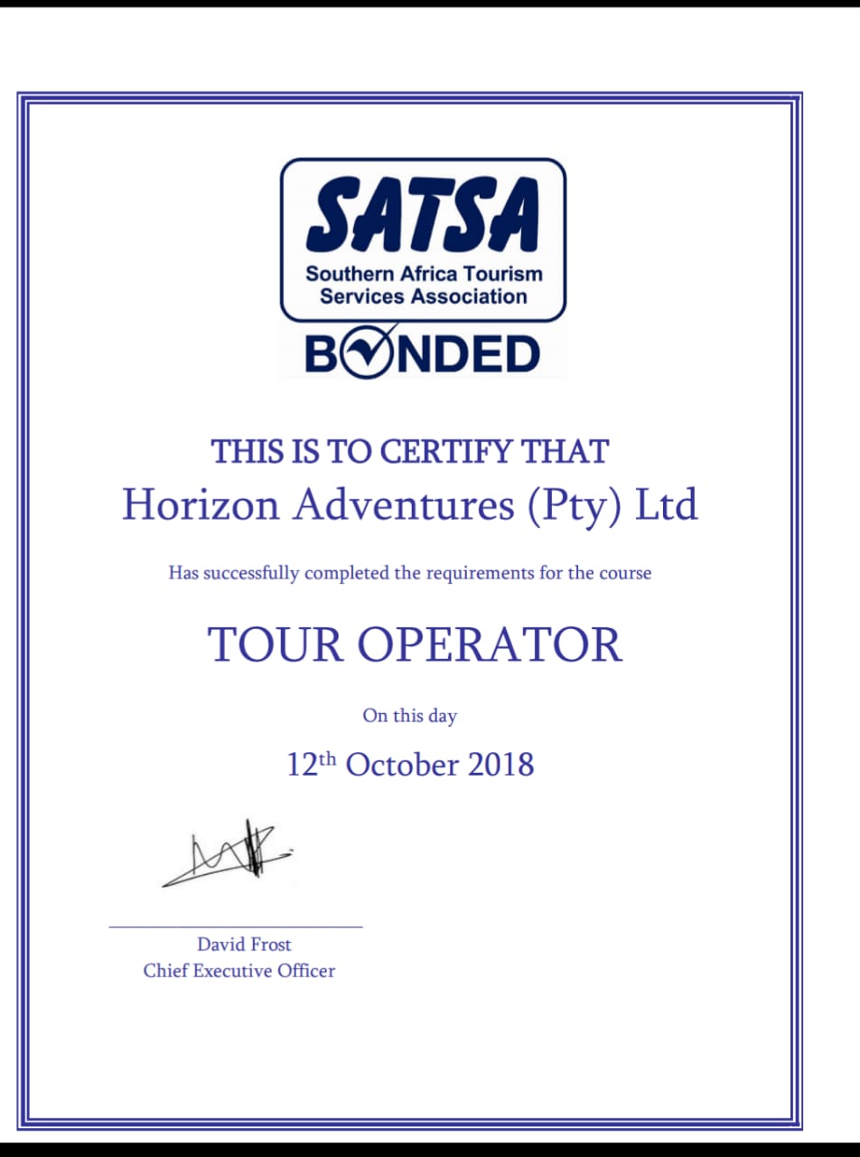SATSA Tour Operator certificate – Horizon Adventures (Pty) Ltd, bonded and certified 12 October 2018
